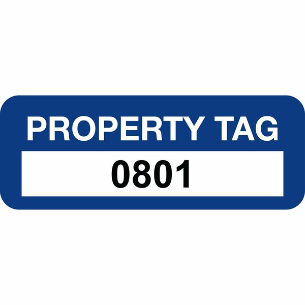 Lustre-Cal Property ID Label PROPERTY TAG Polyester Dark Blue 2in x 0.75in  Serialized 0801-0900, 100PK 253744Pe1Bd0801
